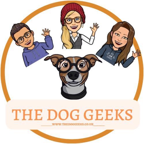 The Dog Geeks logo with three cartoon figures waving around a dog mascot in glasses, with the website address www.thedoggeeks.co.uk below.