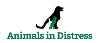 Animals in Distress logo with a black dog silhouette and green cat shape above the charity name in bold green lettering for Woofstock UK page.